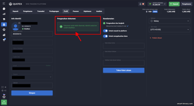 Mengesahkan akaun anda dengan broker pilihan binari Quotex