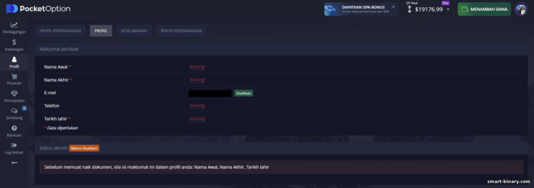 Borang pengesahan akaun dengan broker Pocket Option