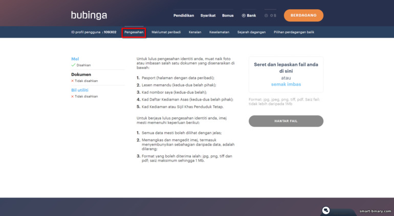 pengesahan akaun dengan broker Bubinga - dokumen untuk pengesahan