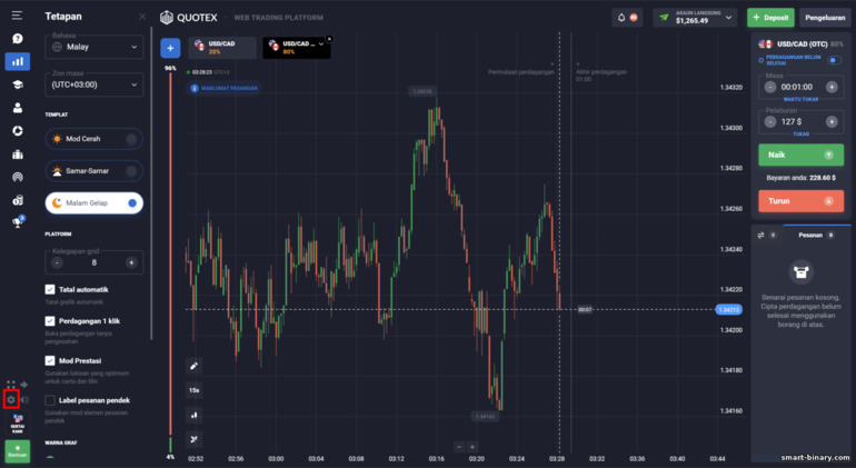 Tetapan platform dagangan untuk broker Quotex