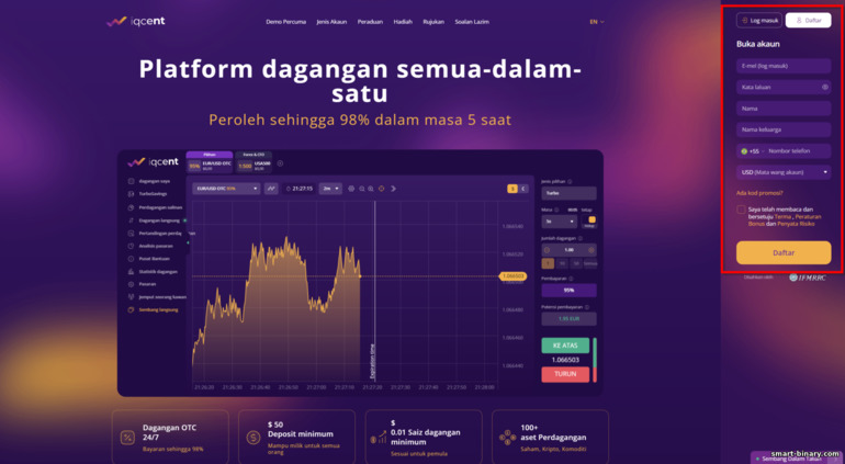 mendaftar akaun dagangan baharu dengan broker IQ Cent