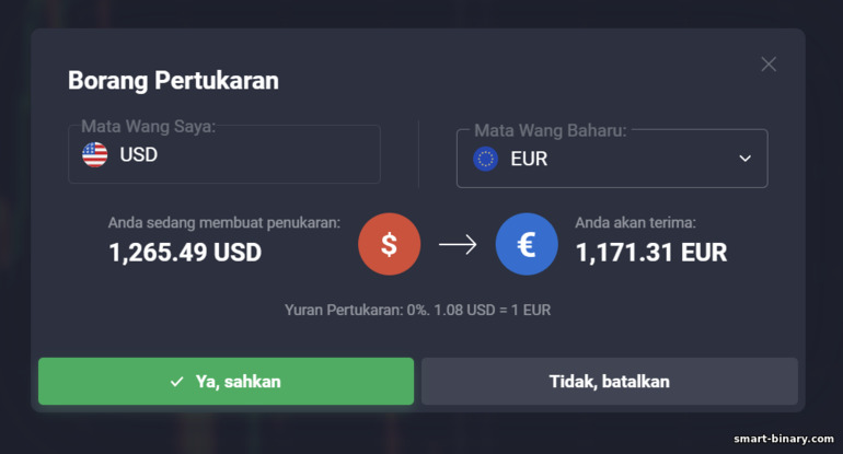 Menukar mata wang akaun dagangan anda dengan broker Quotex