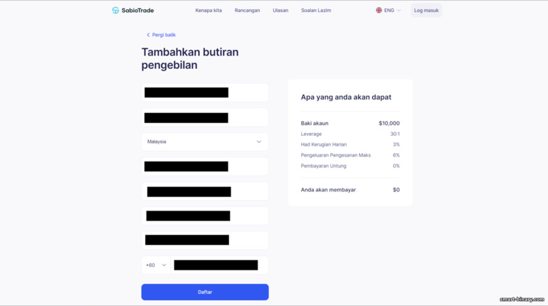 Borang pendaftaran untuk akaun latihan dengan broker perdagangan prop SabioTrade