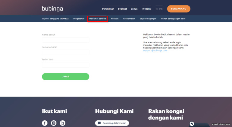 pengesahan akaun dengan broker Bubinga - data peribadi