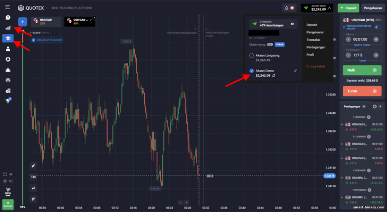 Beralih kepada akaun demo dengan broker Quotex