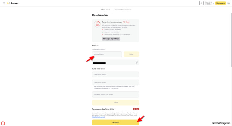 tetapan keselamatan akaun di broker Binomo