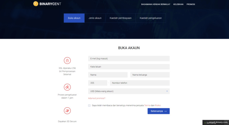 mendaftar akaun dagangan dengan broker Binarycent