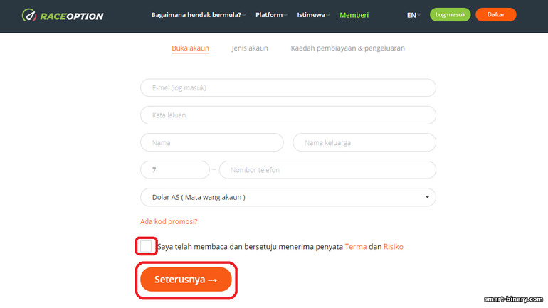 Pendaftaran dengan broker pilihan binari RaceOption