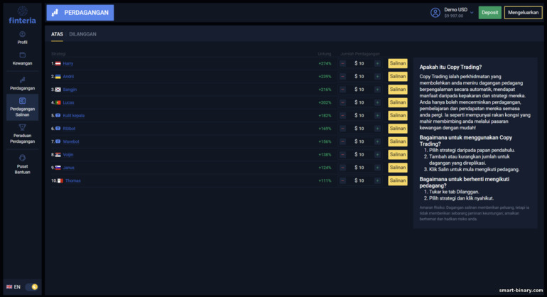 menyalin transaksi pedagang yang berjaya di platform Finteria