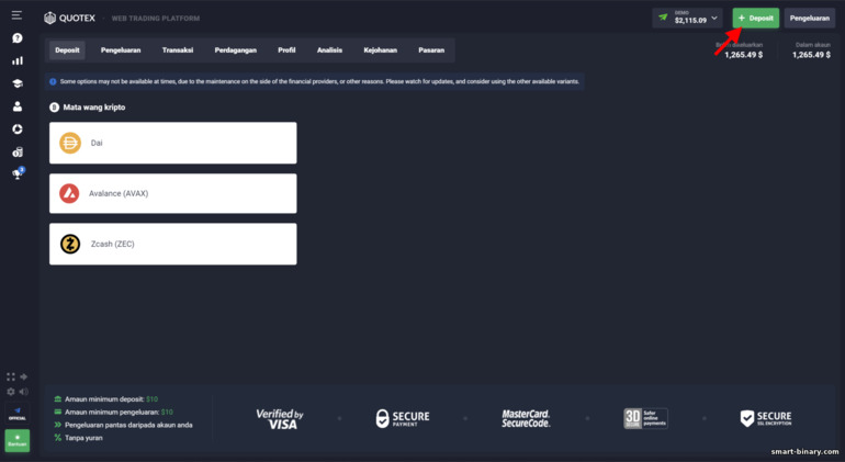 Membiayai akaun dagangan anda pada platform broker Quotex