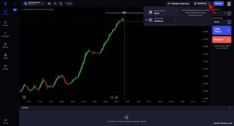 bertukar antara akaun demo dan nyata dengan broker Binolla