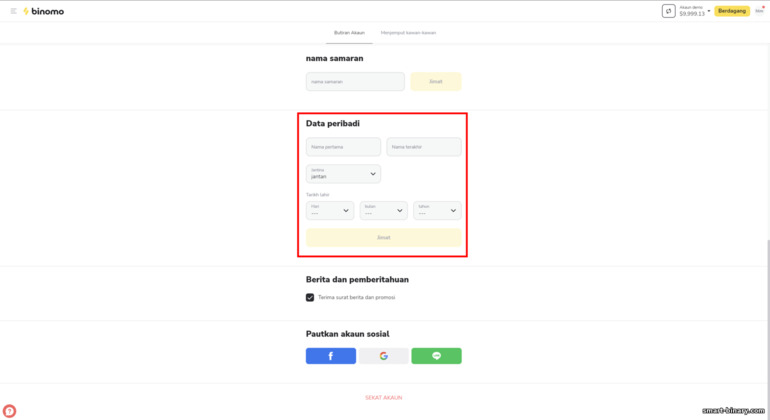 butiran akaun peribadi dengan broker Binomo