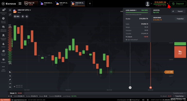 Beralih antara akaun demo dan nyata dengan pilihan binari dan broker CFD Exnova