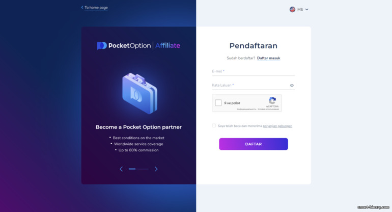 borang pendaftaran untuk akaun ahli gabungan Pocket Option baharu