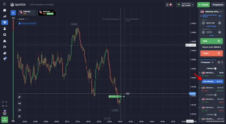 Menjual transaksi terbuka atau penutupan awal dengan broker Quotex