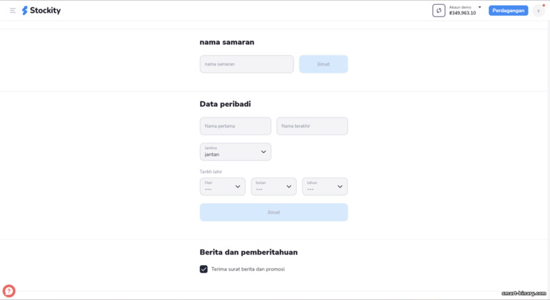 mengisi borang dengan data peribadi daripada Stockity