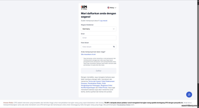 Borang pendaftaran akaun dagangan XM